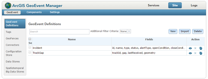 Use GeoEvent Manager to view and manage GeoEvent Definitions. Use GeoEvent Manager to view and manage GeoEvent Definitions.
