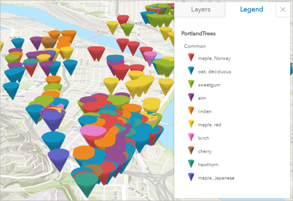 Scene and legend with 3D cones representing tree types Scene and legend with 3D cones representing tree types